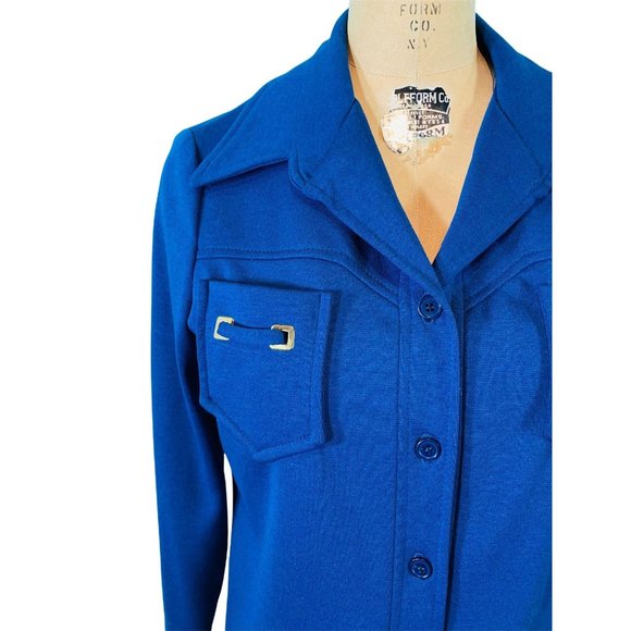 Vintage 70s Cobalt Blue Shirt Womens Large Bust Pockets Polyester Button Down To - Picture 5 of 10